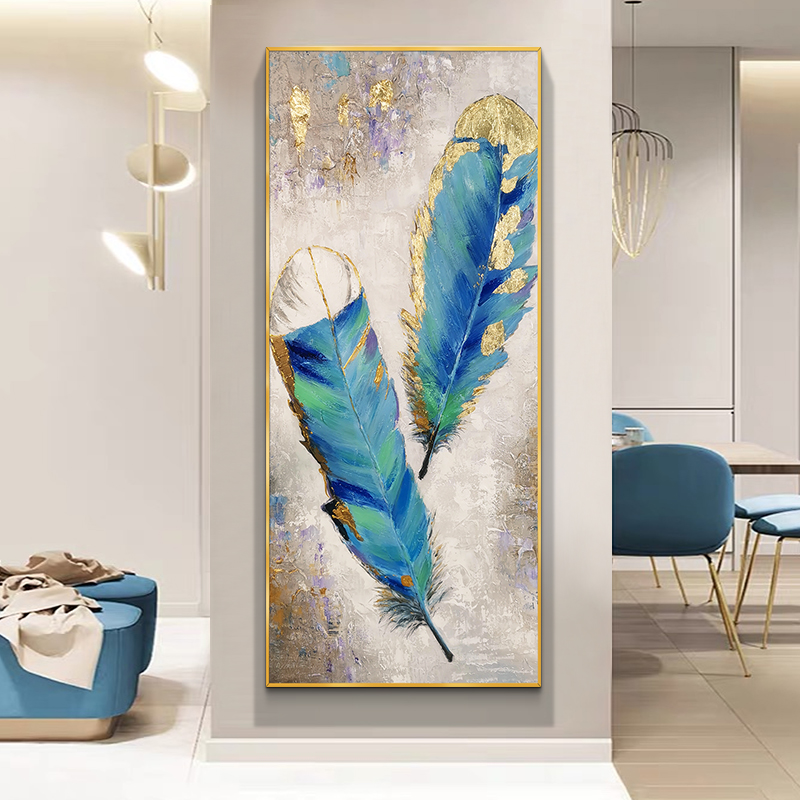 【鎏金之羽】手绘油画玄关装饰画现代简约客厅羽毛画轻奢北欧挂画