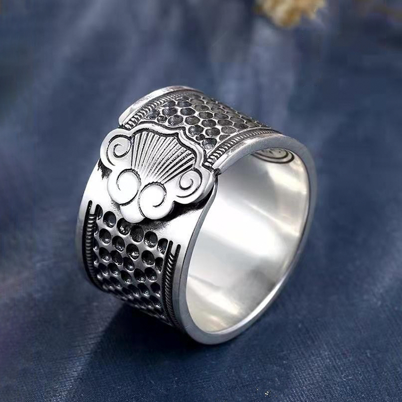 顶针戒指复古仿银吉祥如意传统老式可调节缝纫戒指防扎手老款顶针