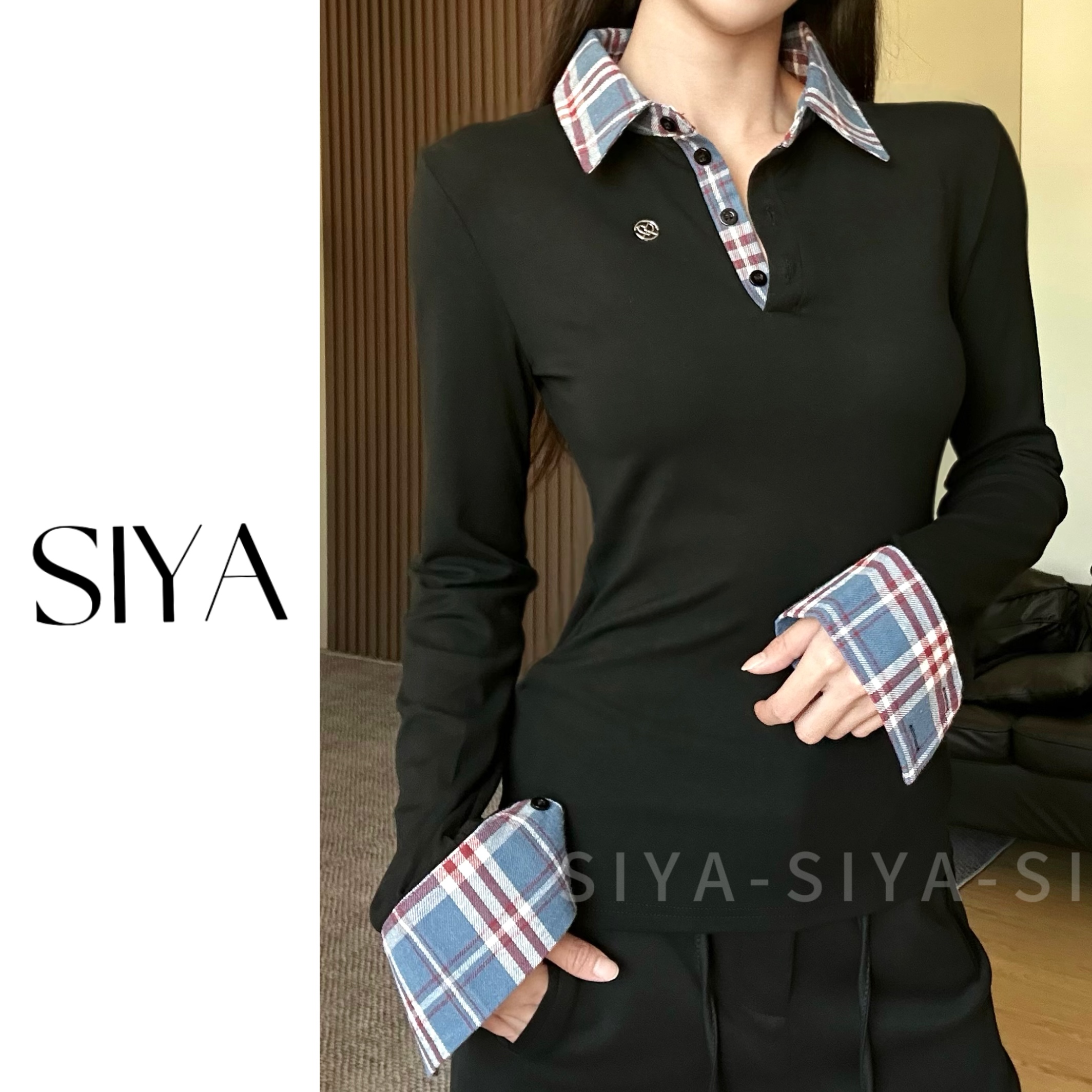 【SIYA】假两件苏格兰格纹撞色打底修身polo领针织衫长袖上衣秋季