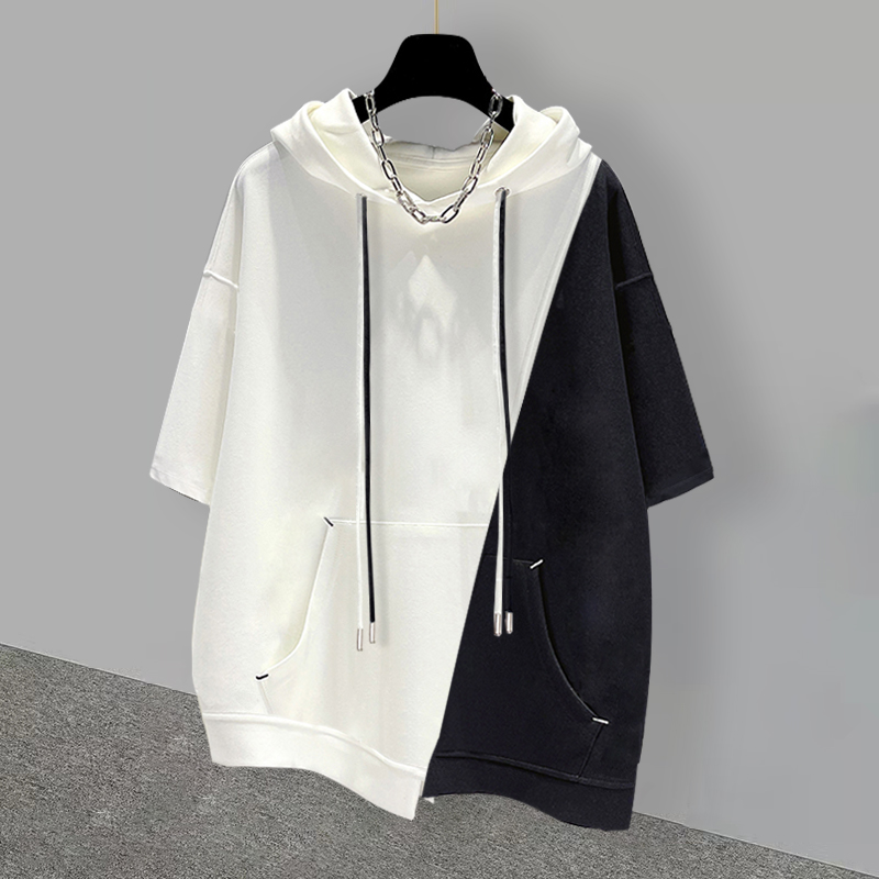 LOLIEJUN/林阿俊夏季爆款短袖t恤男士拼接连帽上衣休闲百搭薄款