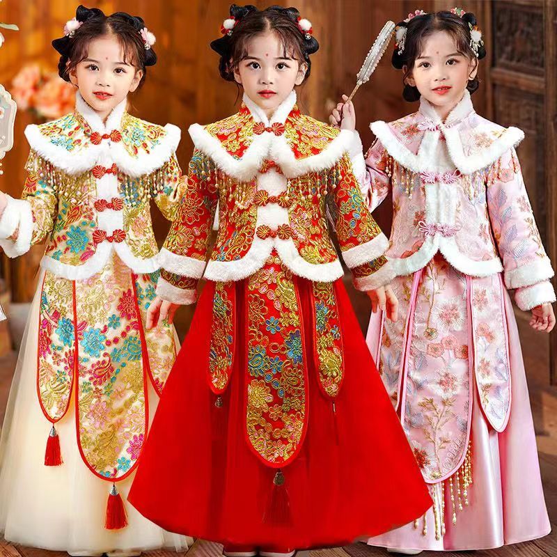 巴娜拉汉服女童冬装新年衣服儿童春节拜年服中国风加绒加厚兔年DL