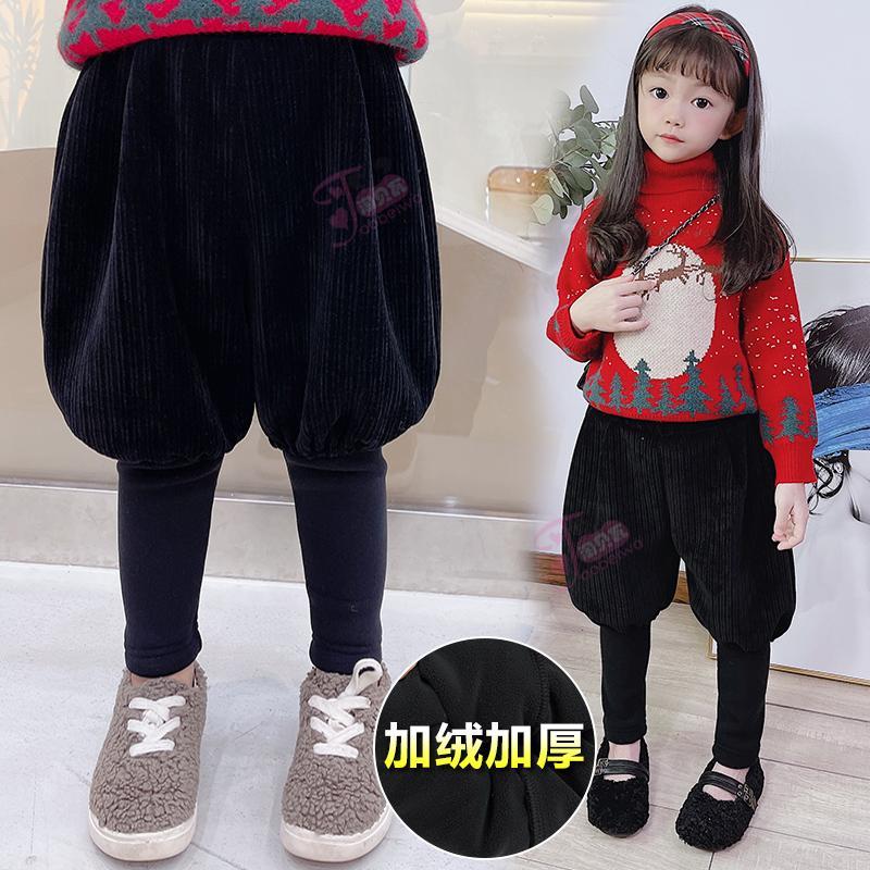 巴娜拉女童加绒灯笼裤子一体绒冬季儿童洋气假两件打底裤AX