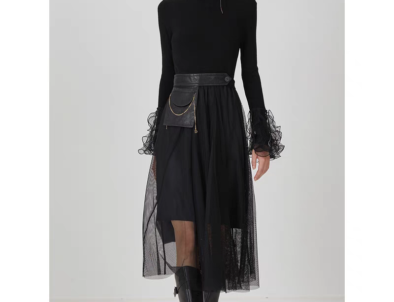 【真皮网纱裙】海宁真皮网纱裙女士半身裙时尚百搭显瘦半身皮裙