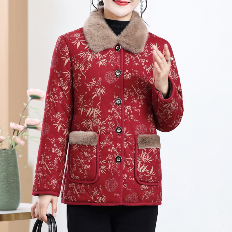 冬季妈妈装棉衣加绒加厚翻领时尚棉袄中老年女装保暖外套