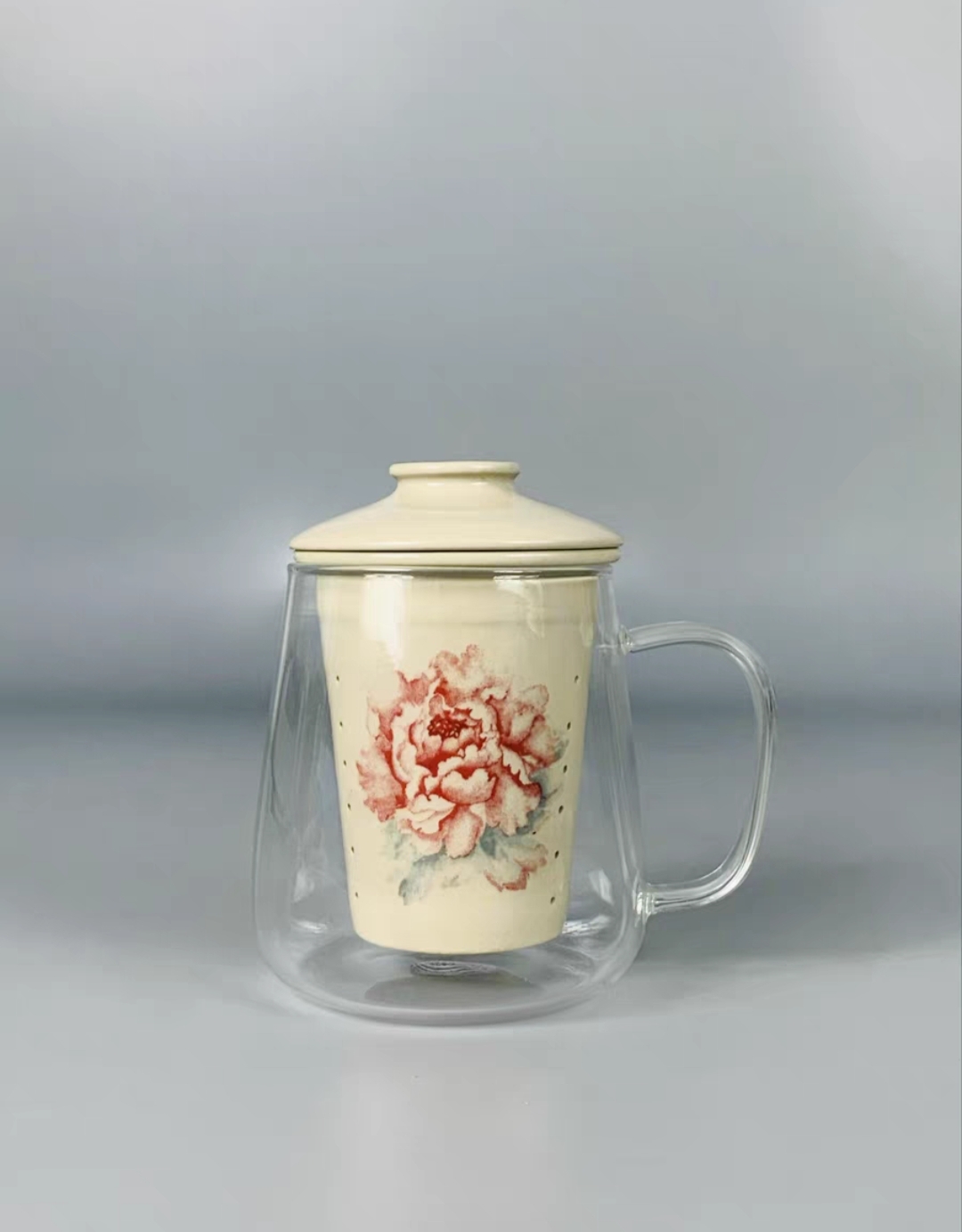 牡丹花纹水杯耐高温玻璃带把家用茶水分离陶瓷茶漏清风杯泡茶杯