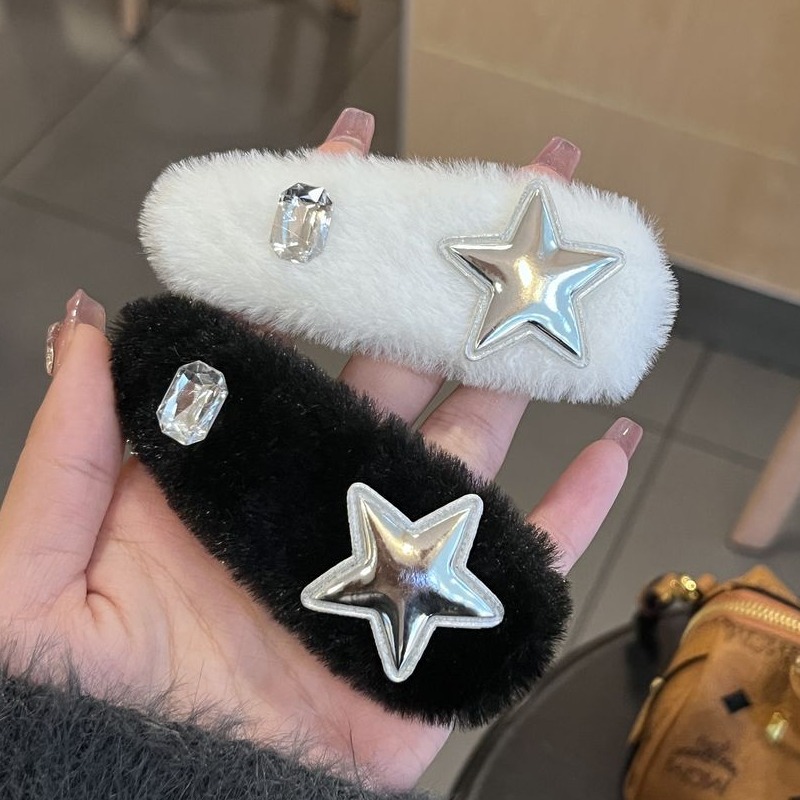 小众款秋冬毛茸茸金属女孩星星BB夹少女仿兔毛五角星边夹可爱发饰