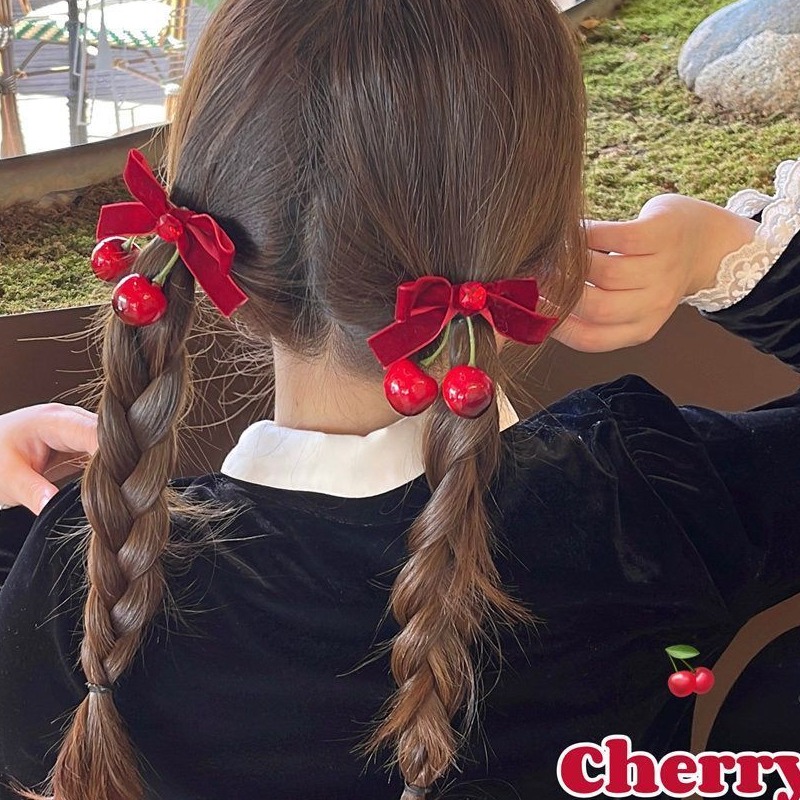 高颜值学生洋气樱桃红蝴蝶结丝绒发夹女后脑勺半扎发夹子头饰发饰