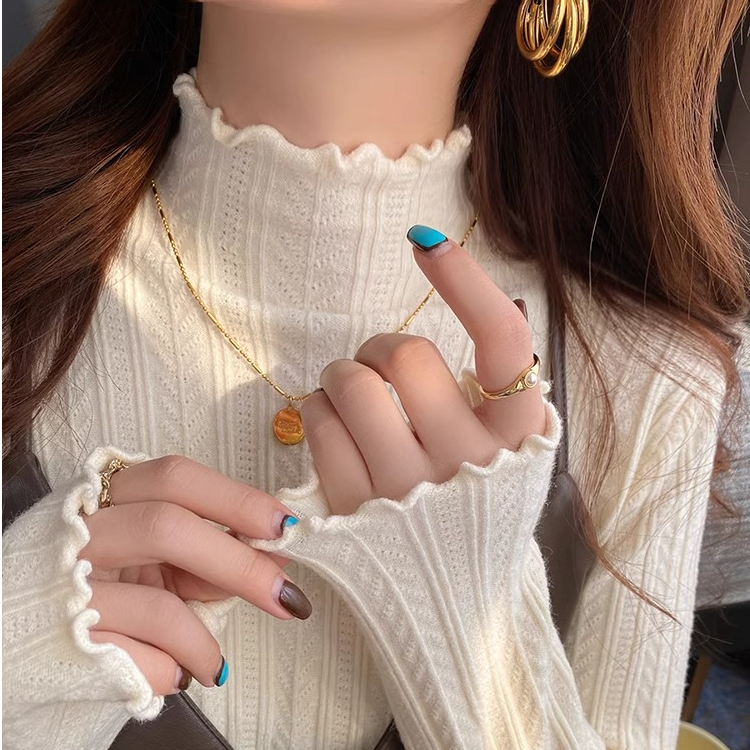 半高领木耳边打底针织衫女毛衣纯色秋冬小众内搭别致修身上衣长袖