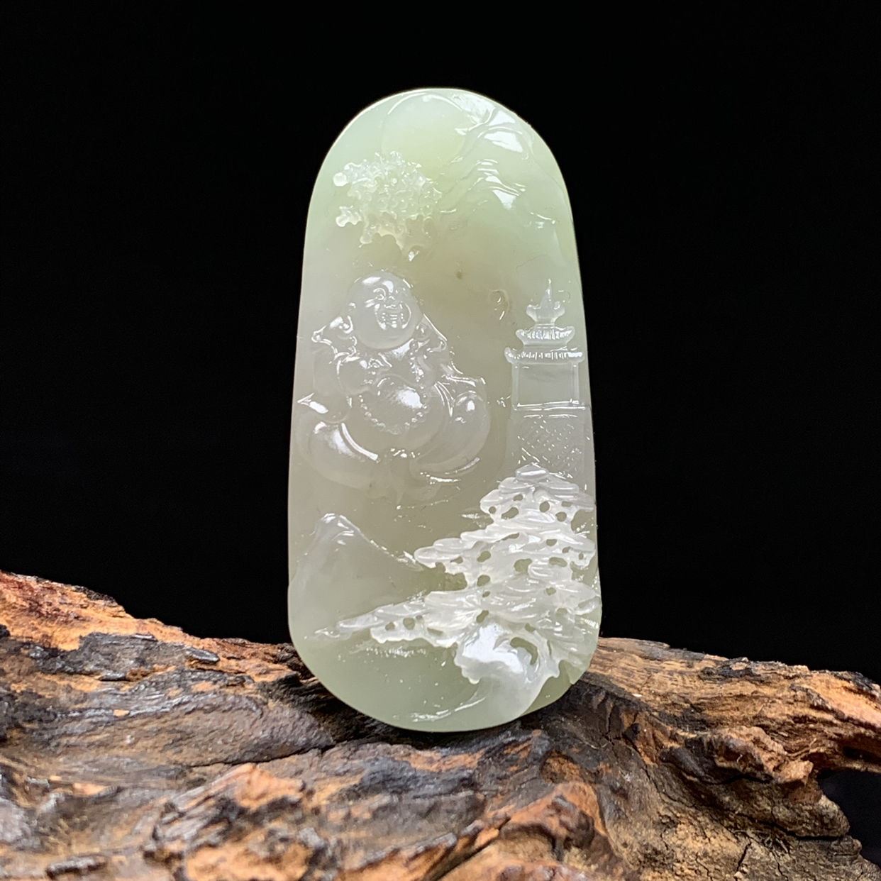 天然和田玉山水佛公吊坠尺寸54*27*13重量36克