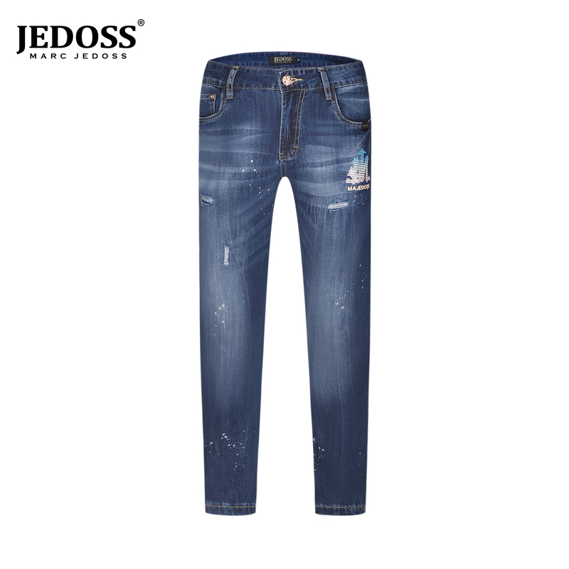 JEDOSS/爵迪斯男装轻奢潮流牛仔裤直筒炫彩烫印烫钻时尚长裤破洞
