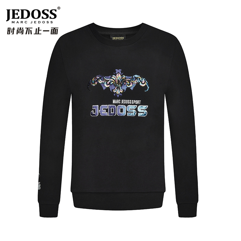 JEDOSS/爵迪斯男装秋冬经典炫彩LOGO珠片绣无帽印花圆领上衣宽松