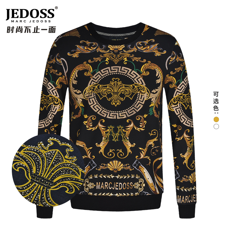 JEDOSS/爵迪斯男装秋季新款满印花烫钻修身无帽卫衣时尚圆领
