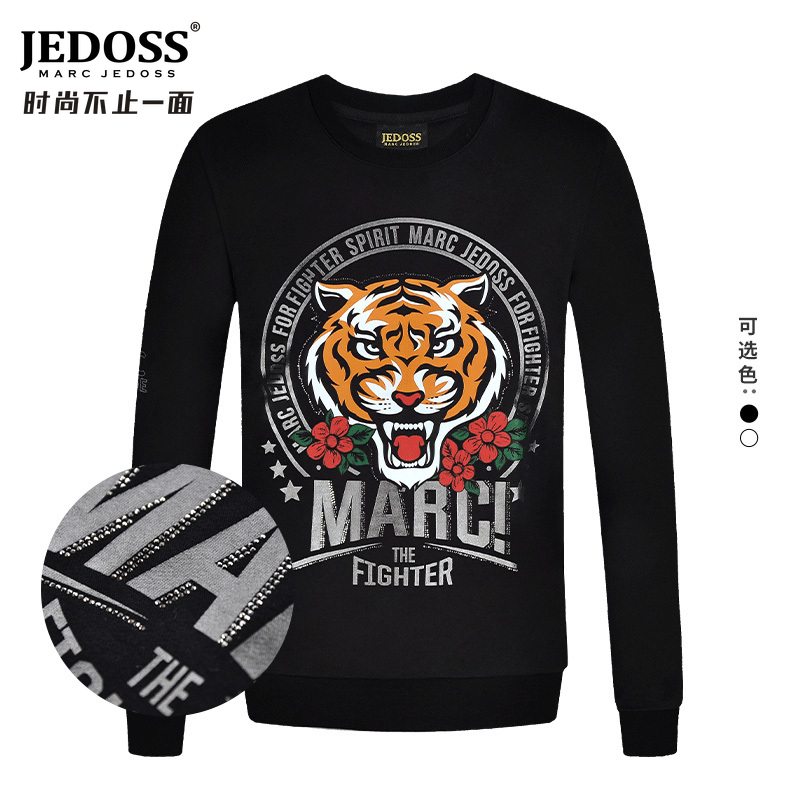 JEDOSS/秋季加绒男上衣霸气数码印花修身无帽圆领卫衣长袖730