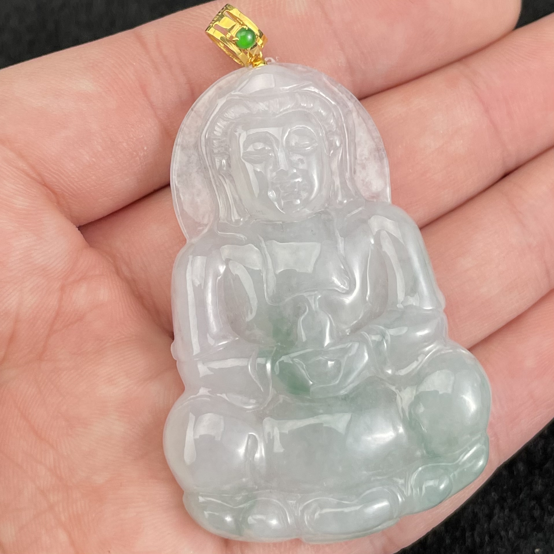 【玉氏珠宝】18K绿点飘花翡翠观音吊坠 多样性 发一CAN1050053