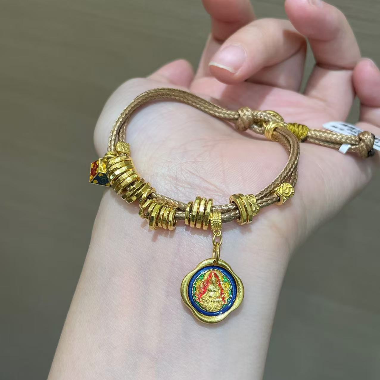 【菠萝黄金】足金999  手工编绳烧蓝黄财神如意招财手串 金：22.59克