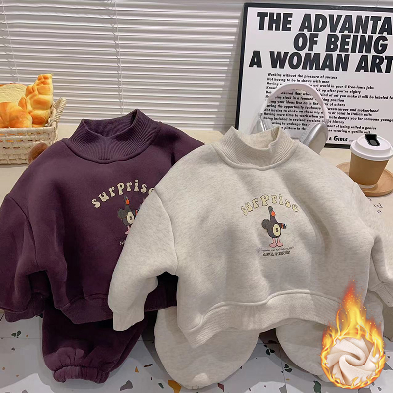 2025冬季儿童加绒保暖卫衣套装棉质韩版休闲洋气男女童薄绒套装