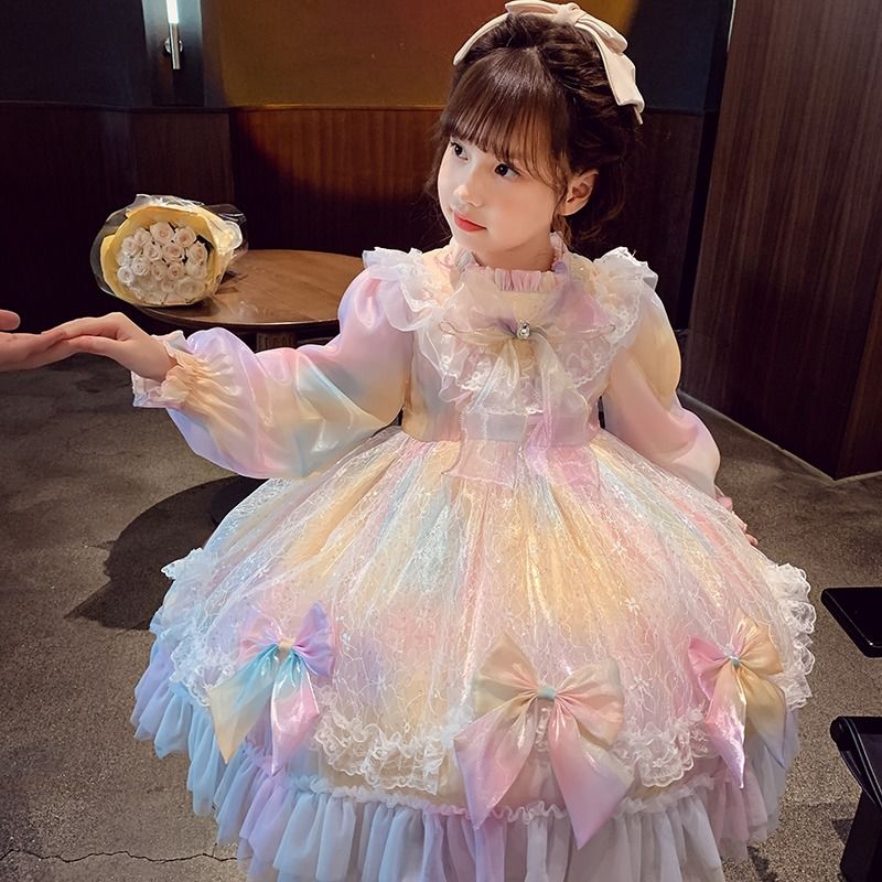 女童洛丽塔公主裙小女孩秋装2023新款洋气儿童蓬蓬彩虹网纱连衣裙