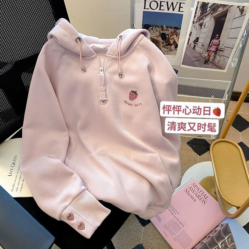 巴拉拉吧女童加绒卫衣2023秋冬新款中大童草莓刺绣连帽宽松加厚保