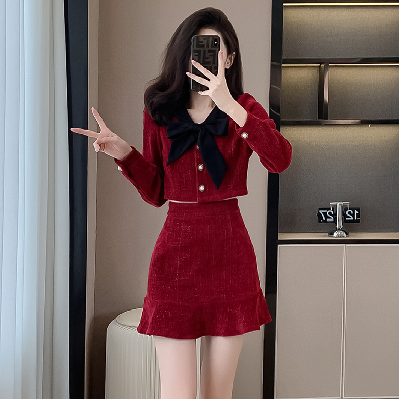2023秋冬新款小香风红色丝绒连衣裙女秋季伴娘回门服高级感套装裙