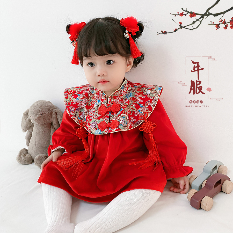 女童加绒连衣裙冬装婴儿宝宝周岁礼服抓周宴公主中国风过年拜年