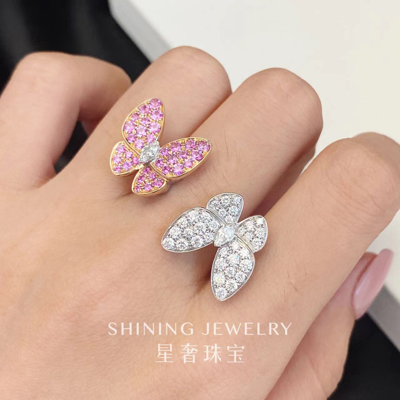 【星奢珠宝】18k金钻石双蝴蝶戒指天然真钻（1天无理由）