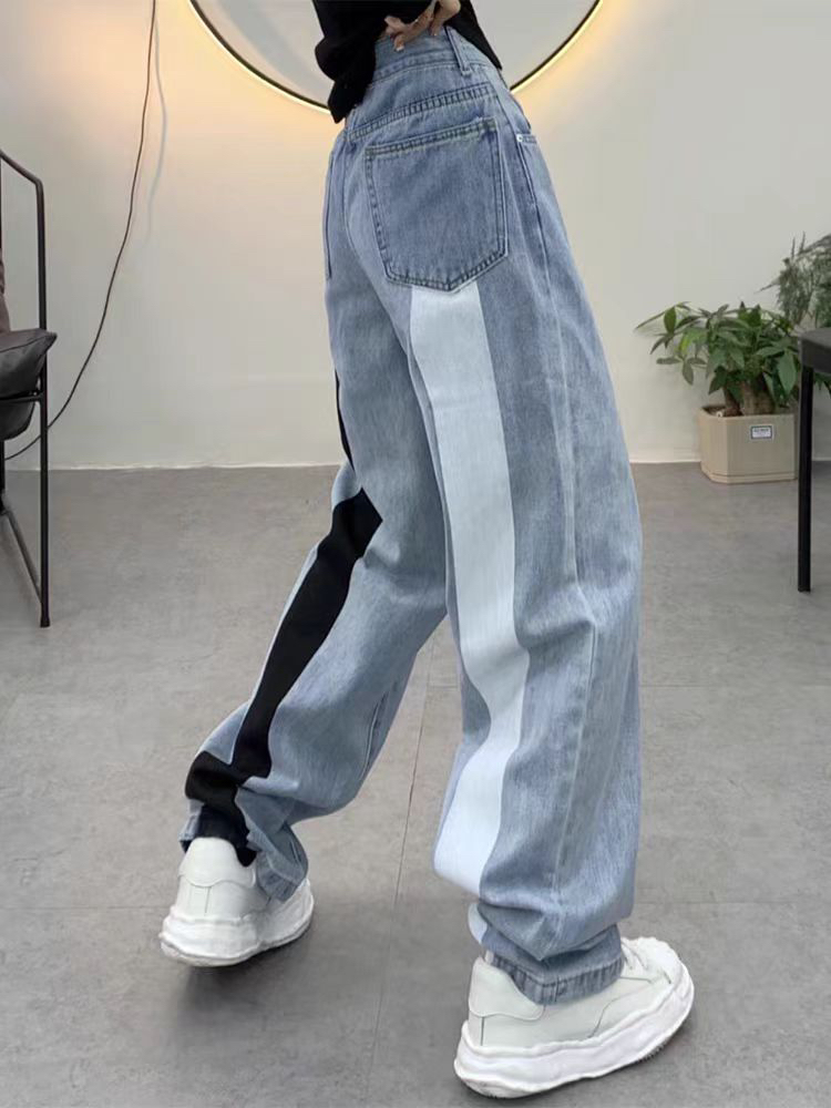 夏季薄款个性黑白边牛仔直筒裤