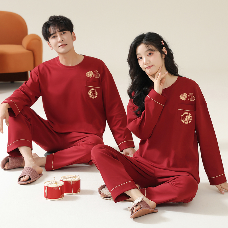 【纯棉】新婚情侣睡衣男女士春秋季长袖大红喜庆结婚冬天家居服套装