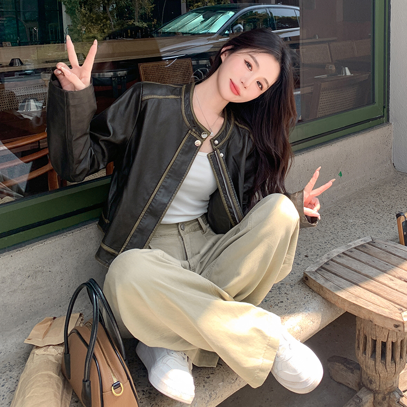 复古棕色pu皮外套女春秋2024新款洋气高级感夹克宽松显瘦机车上衣