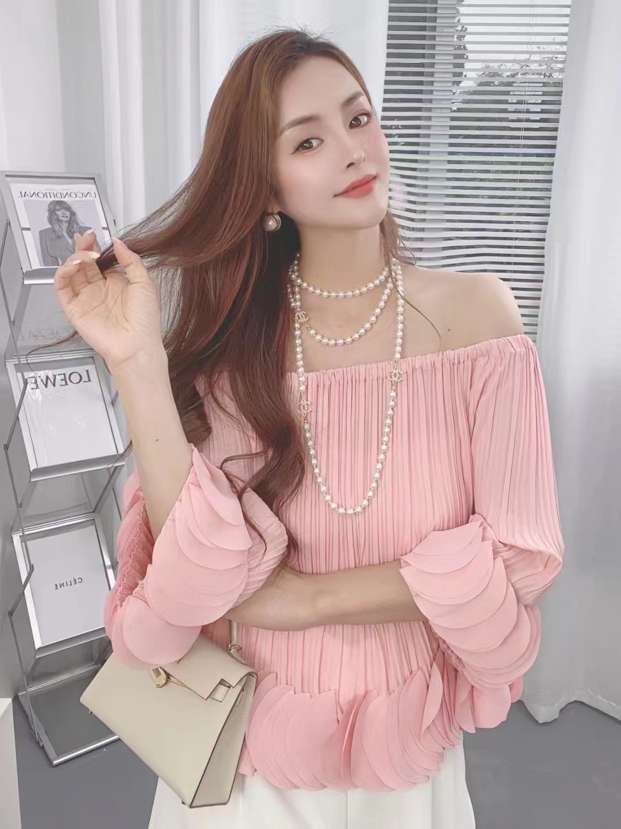 时尚百搭小衫减龄显瘦设计感韩版气质一字肩露肩泡泡袖褶皱荷叶边