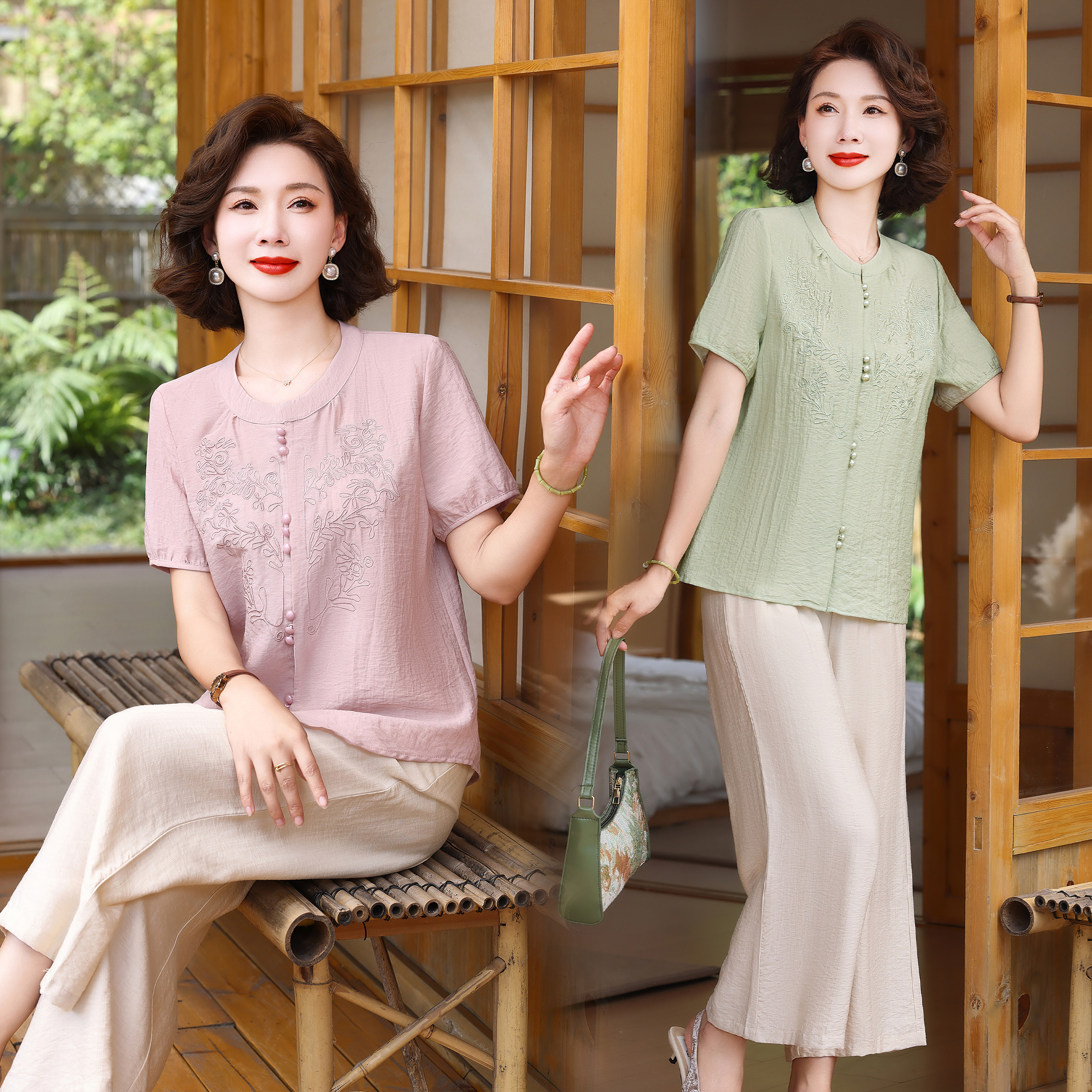 新中式妈妈夏装绣花短袖上衣2025新款小衫洋气宽松中老年女套装