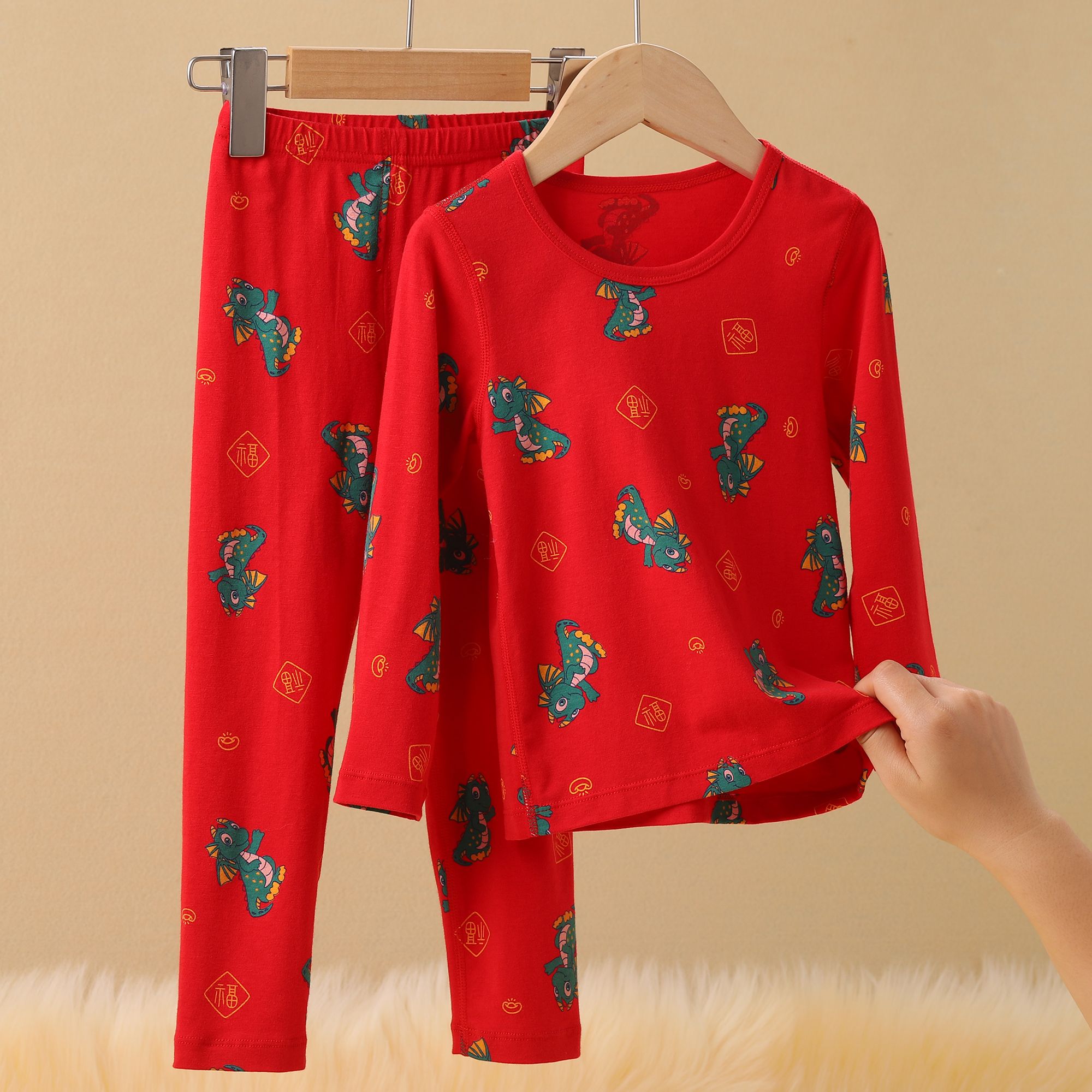 儿童秋衣秋裤男童宝保暖内衣套新年红色本命年男大童睡衣 2238