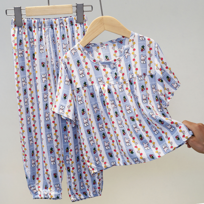 Q 571533 人造棉短袖套儿童套装碎花夏季家居服日常通用薄款小童