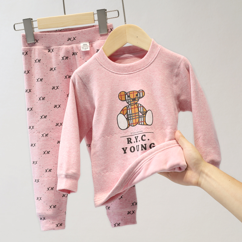 HX 7233-3 彩纱加绒套装 上衣布朗熊下衣满印 儿童打底保暖秋衣 