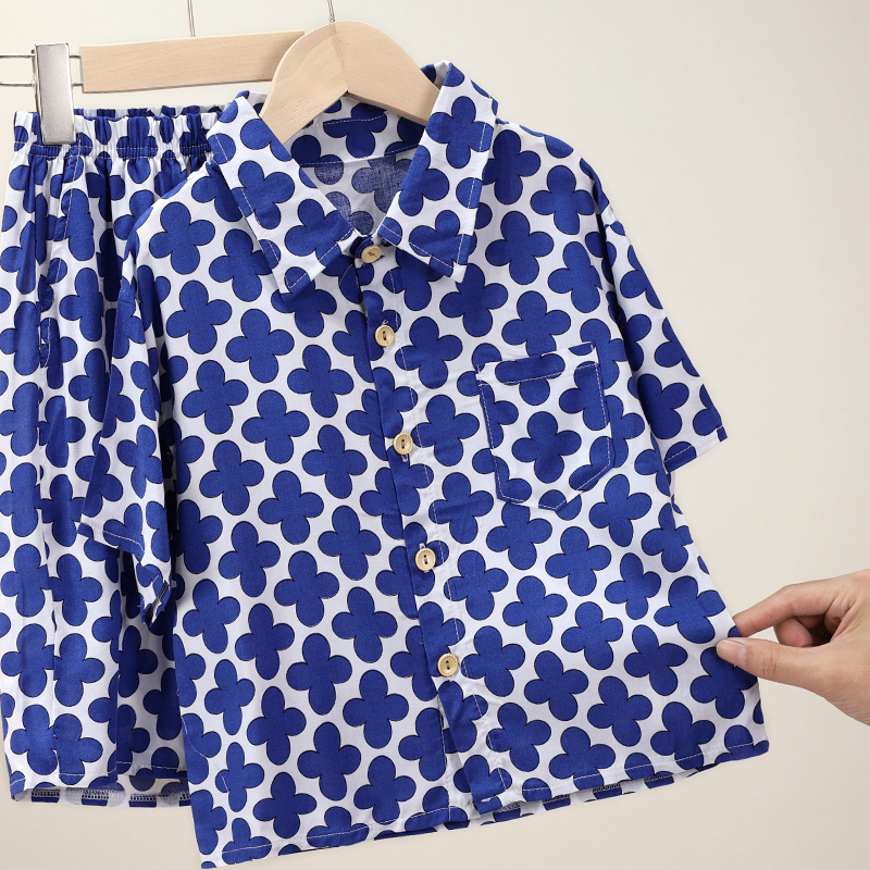 Q 582533【衬衣领短袖套】儿童男童夏季衬衫家居服套装满印薄款
