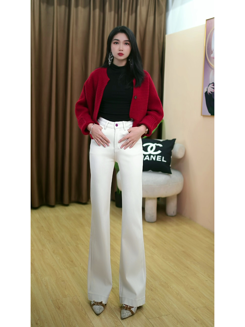 【Fang】加绒凝脂杏系高腰牛仔裤女时尚百搭喇叭裤