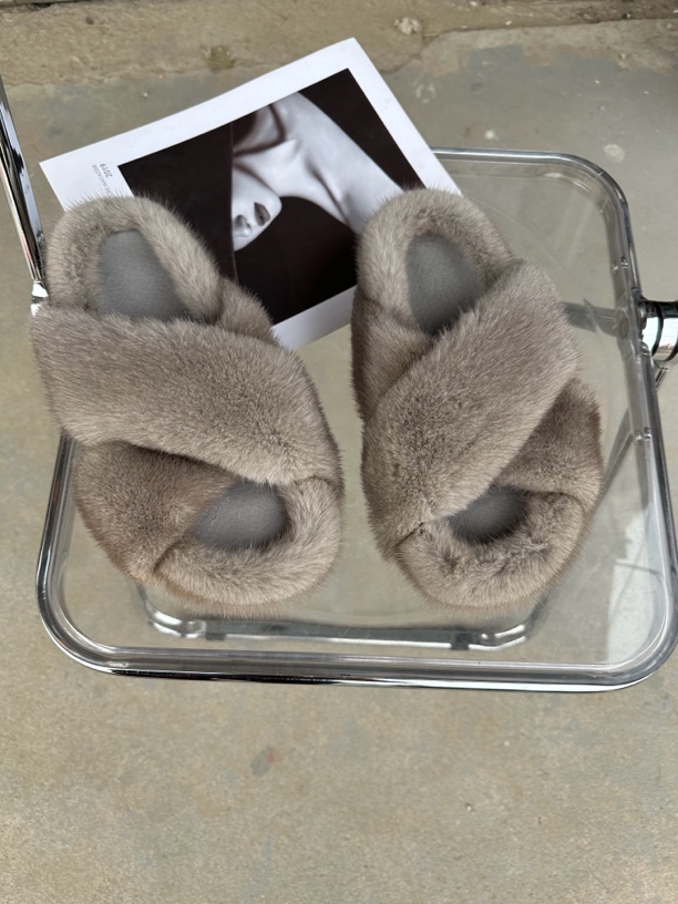 2024年秋新款外穿交叉厚底豹纹毛毛拖鞋女增高平底貂毛鞋