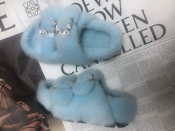 高端定制新款蓝色水钻扣厚底水貂毛毛拖鞋