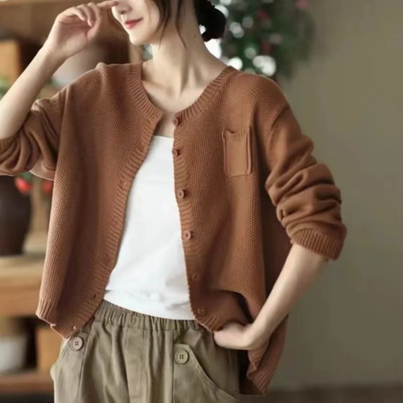 春季新款纯色棉线毛衣百搭外套开衫休闲针织衫时尚上衣外搭