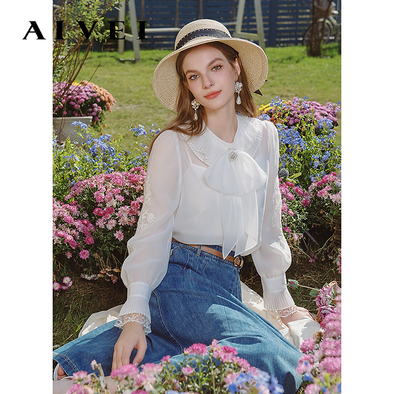 AIVEI艾薇春新优雅气质名媛风刺绣白色雪纺衬衫R0160117