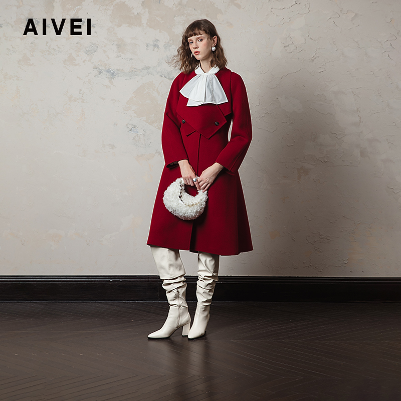 AIVEI欣贺艾薇冬季新优雅大女主气场交叉领双面呢大衣R763201A