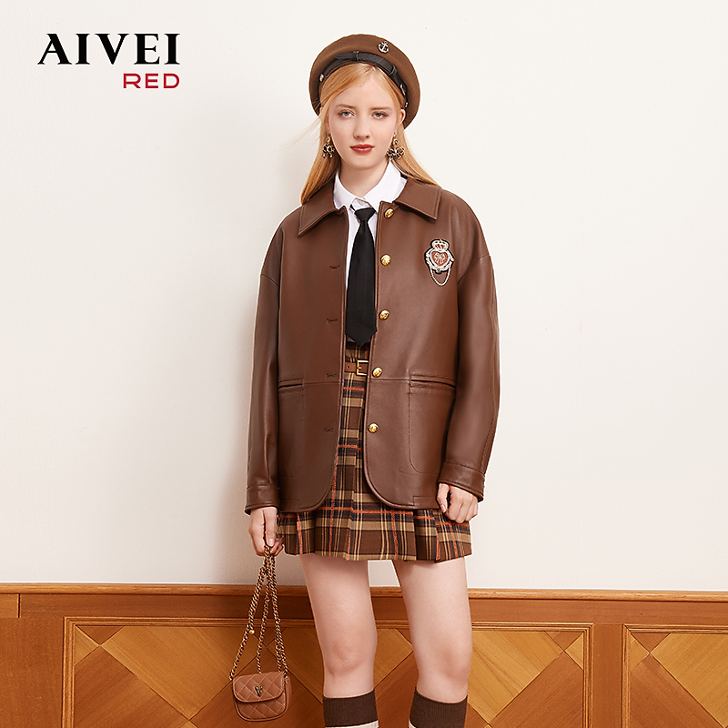 AIVEI艾薇年冬学院美拉德复古羊皮革皮衣外套Q066S106