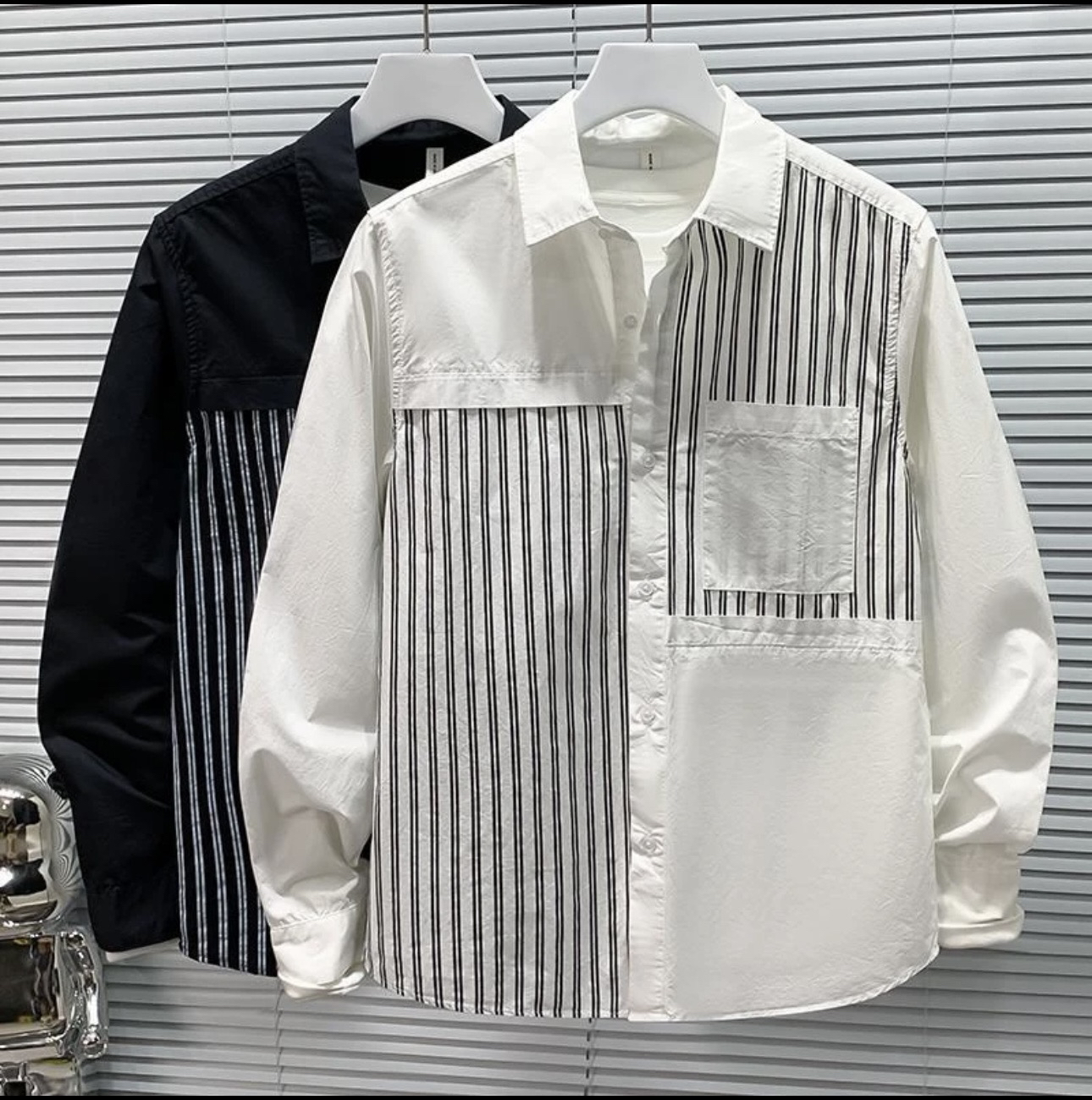 欧货高品质多片式不规则翻领长袖衬衫百搭条纹纯棉帅气日系拼接潮