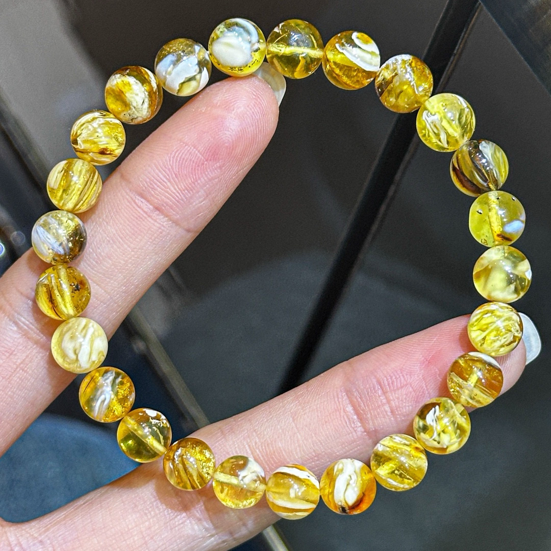 5.77克 金瓷白拉丝沁色荧光圆珠蜜蜡手串 上手精致 叠带神器