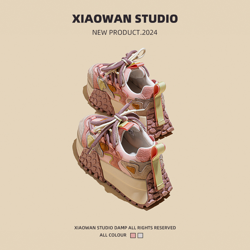  【ZPP】复古老爹鞋女2024秋季新款真皮粉色网面厚底增高休闲运动鞋