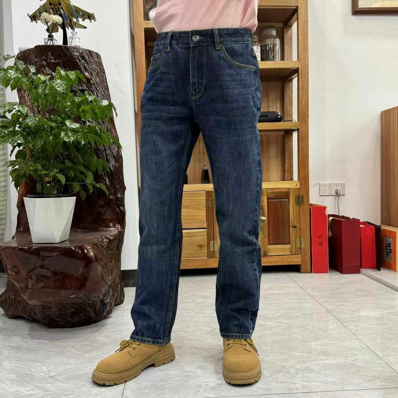 DARRIWIL15盎司赤耳丹宁宽松直筒牛仔裤高档秋冬深蓝色男士百搭