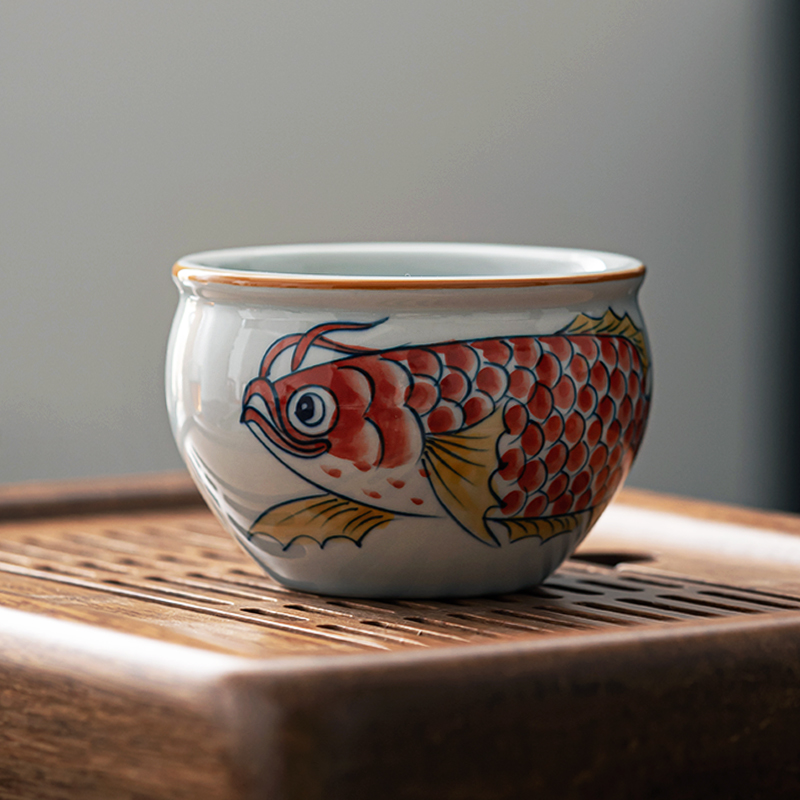 微瑕手绘金龙鱼缸杯老陶泥釉下彩陶瓷功夫茶杯大容量单个主人杯