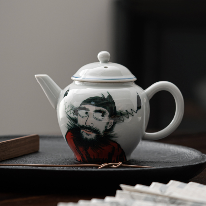 微瑕手绘钟馗茶壶陶瓷功夫茶具中式老陶泥釉下彩手工泡茶壶单个