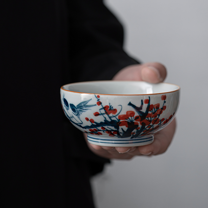 微瑕手绘喜上眉梢主人杯陶瓷釉下彩普洱杯功夫茶具老陶泥复古茶杯