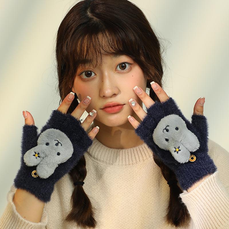 冬季学生加厚可爱立体动物卡通针织半指翻盖手套休闲百搭毛绒手套