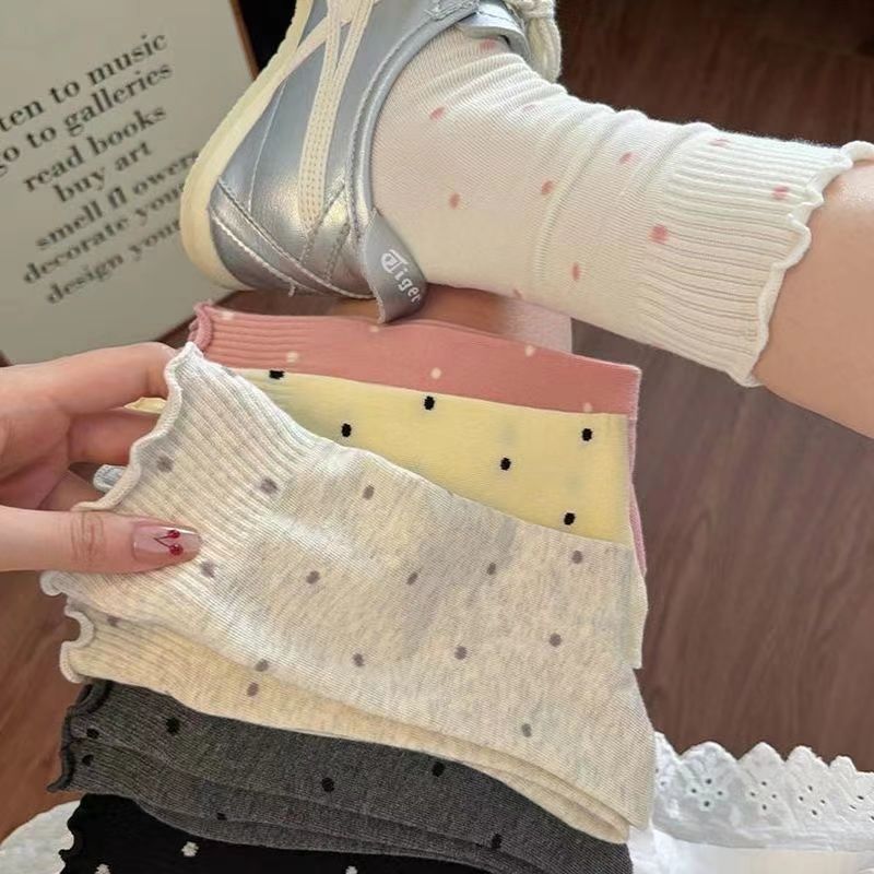 秋季新款袜子女中筒木耳边波点堆堆袜春秋中筒棉袜舒适月子袜长袜
